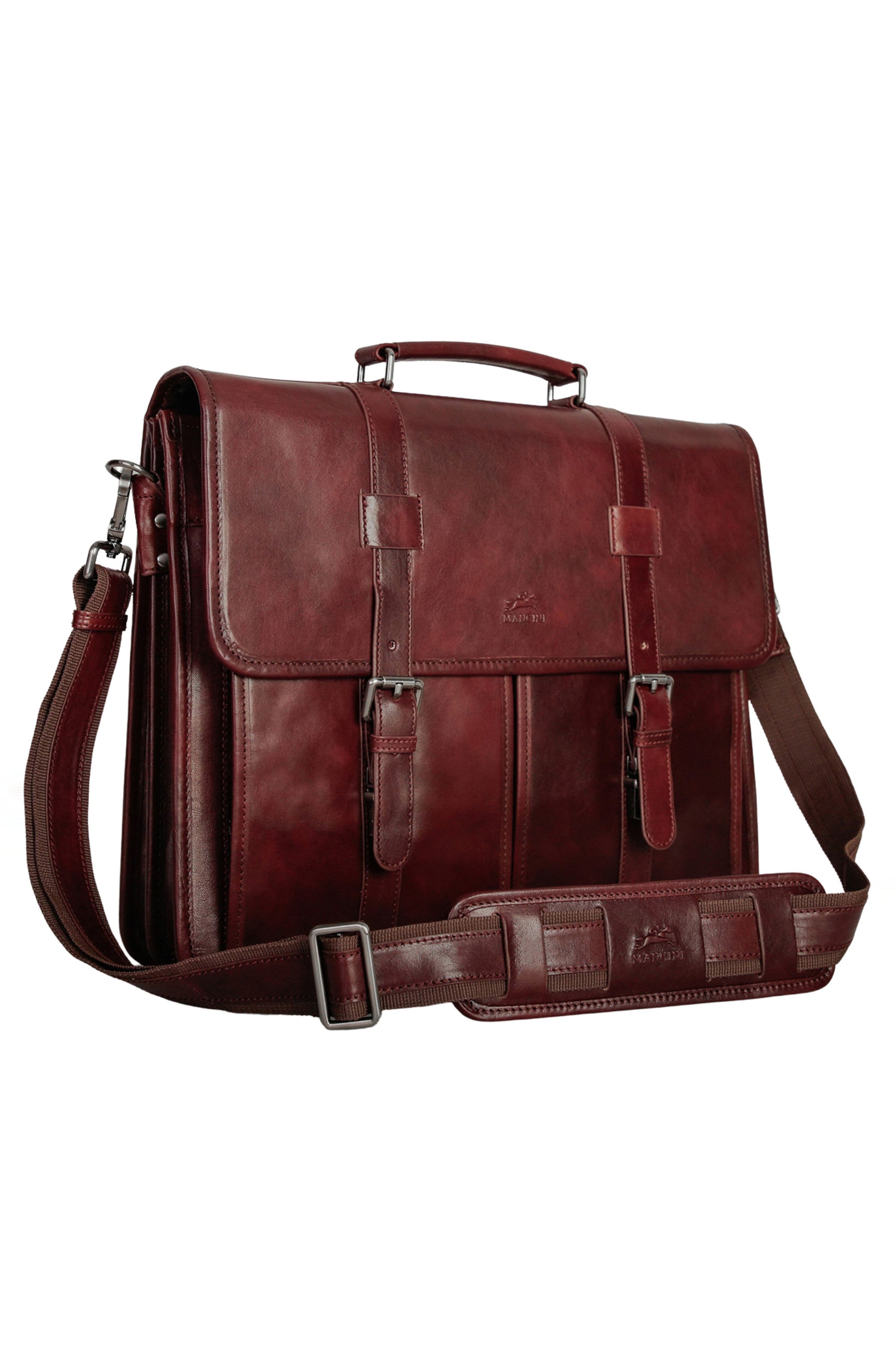 Double Compartment Leather Briefcase, Alternate, color, BROWN
