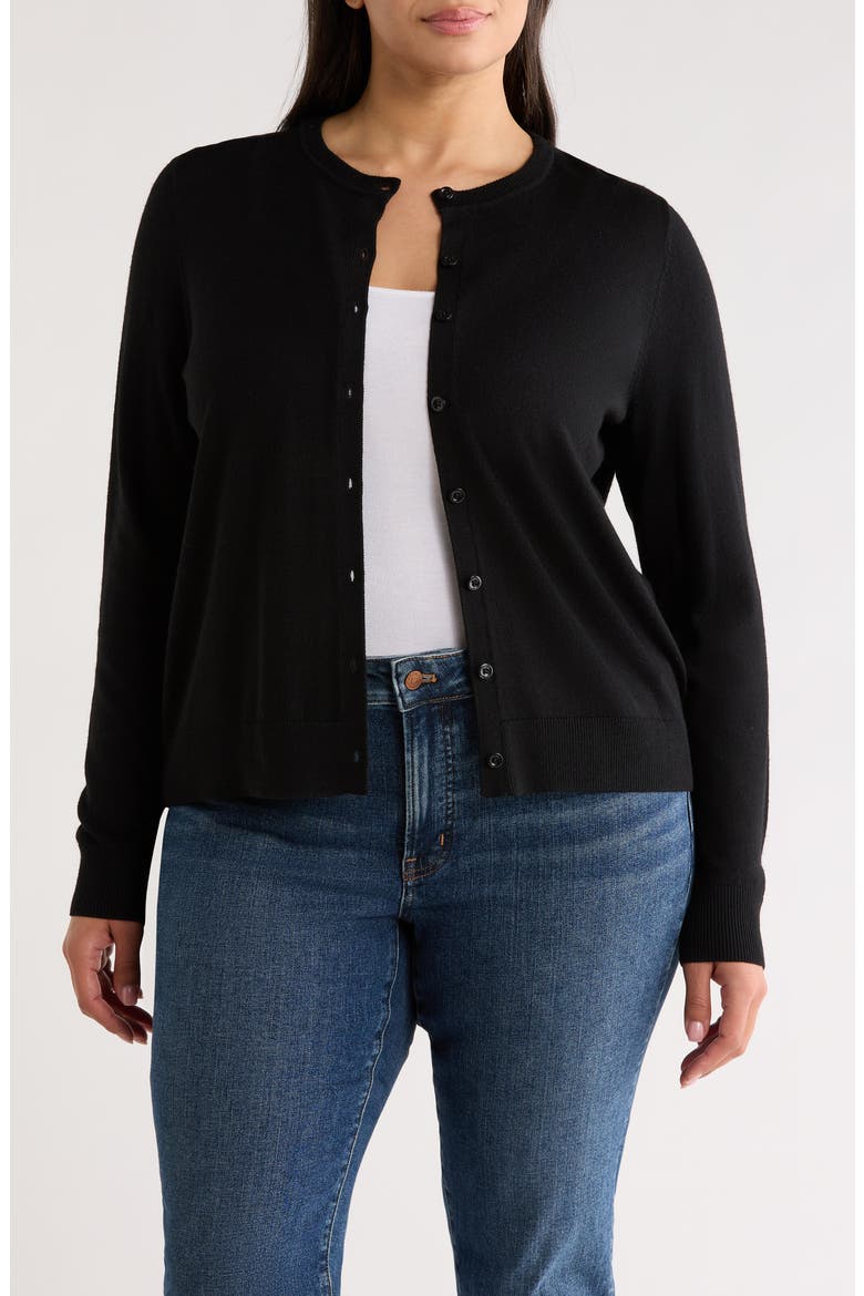 Merino Wool Blend Crewneck Cardigan, Main, color, BLACK