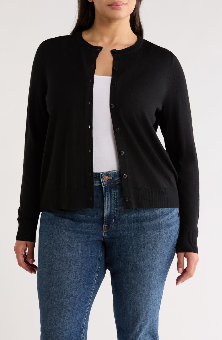 Caslon<sup>®</sup> Crewneck Wool Blend Cardigan, Main, color, Black