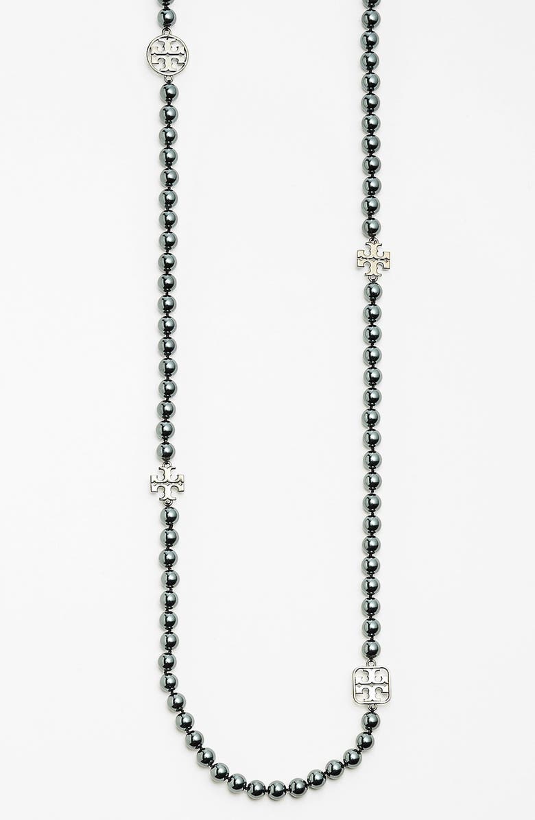 Tory Burch 'Evie' Logo & Glass Pearl Necklace, Alternate, color, 