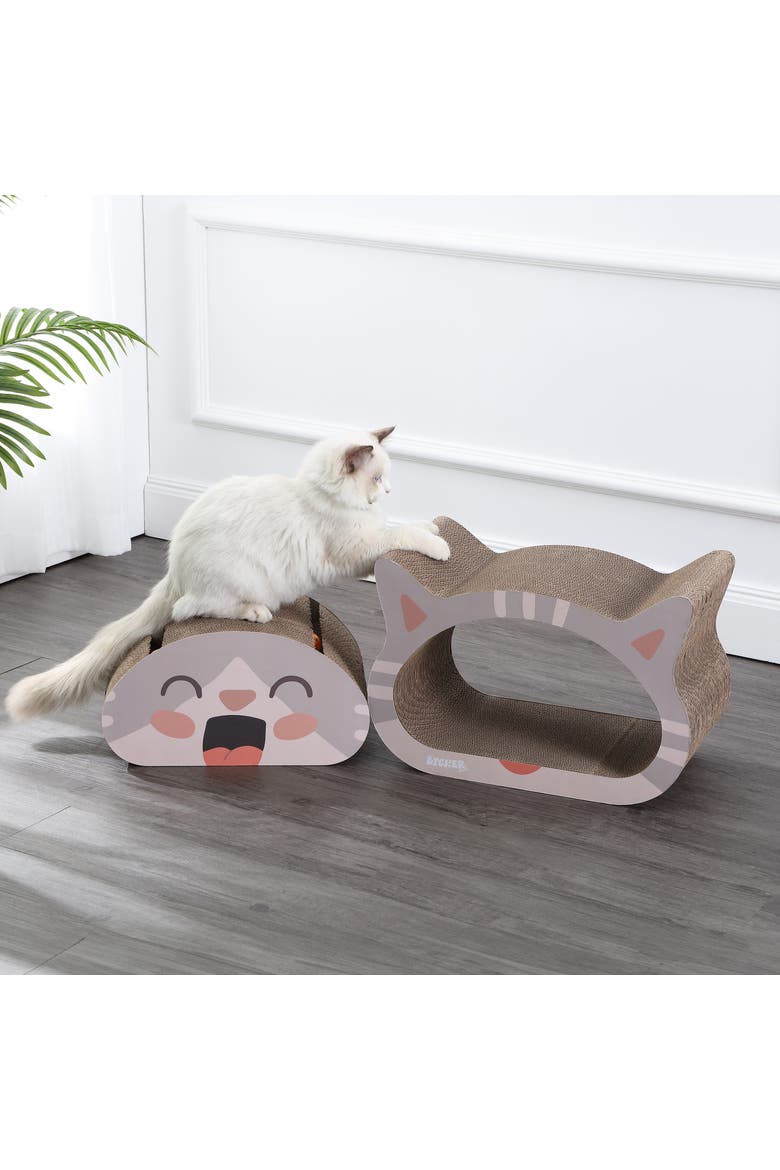Opal Modern Cardboard Happy Cat Head 2-in-1 Cat Cave Scratcher with Built-In Bell Toys and Catnip, Alternate, color, Muted Pink/Cream