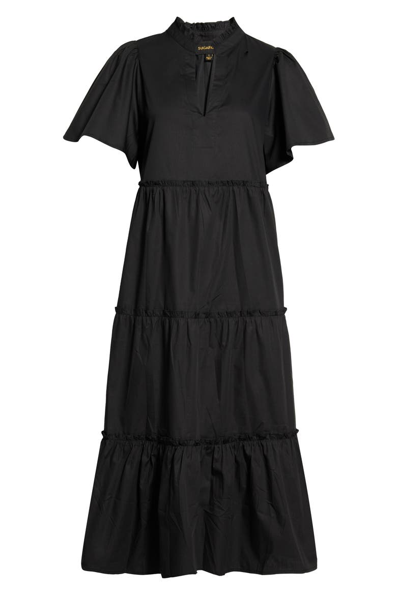 Noelle Split Neck Tiered Cotton Dress, Alternate, color, BLACK