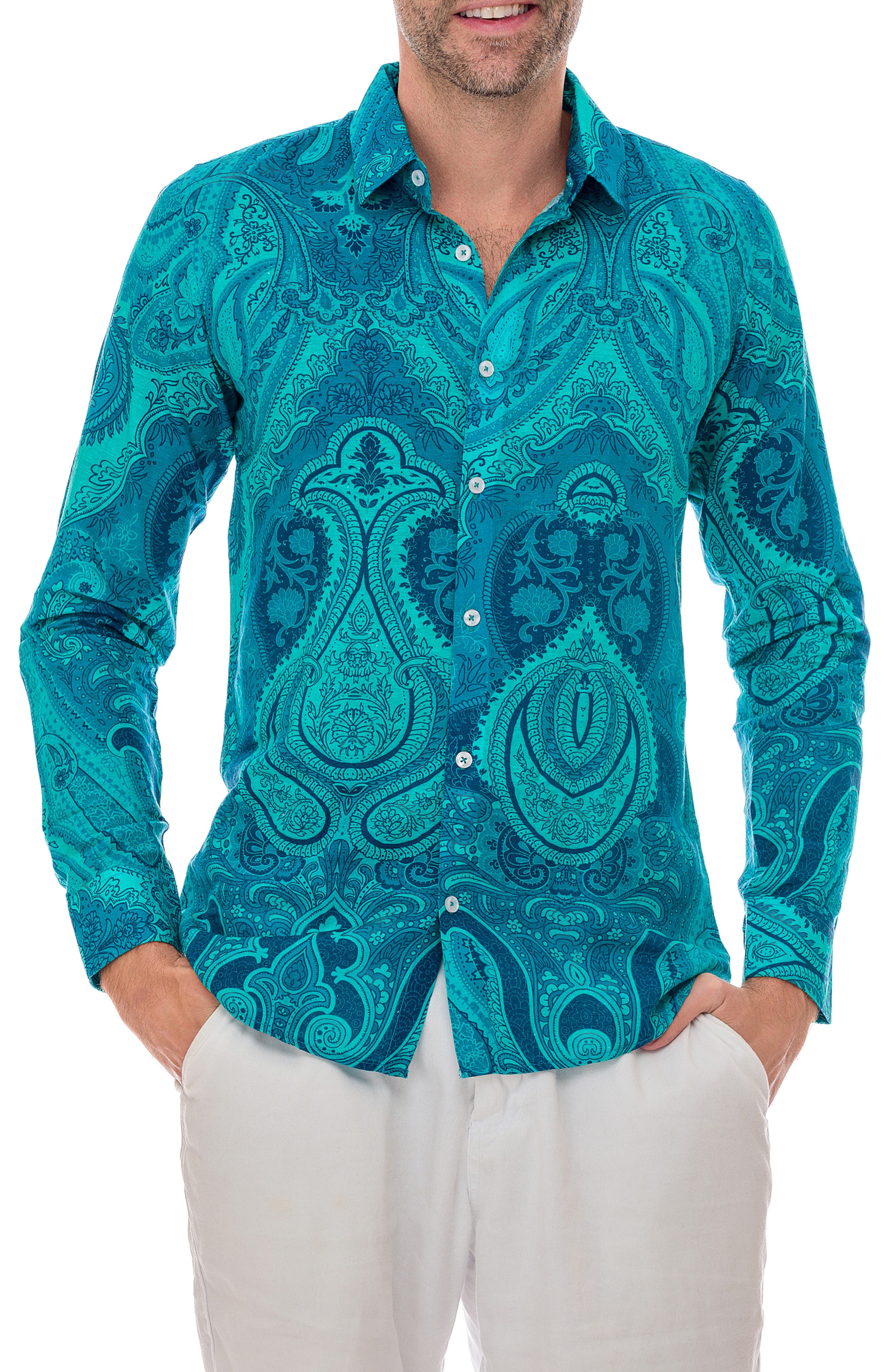 RANEES Paisley Linen Blend Button-Up Shirt