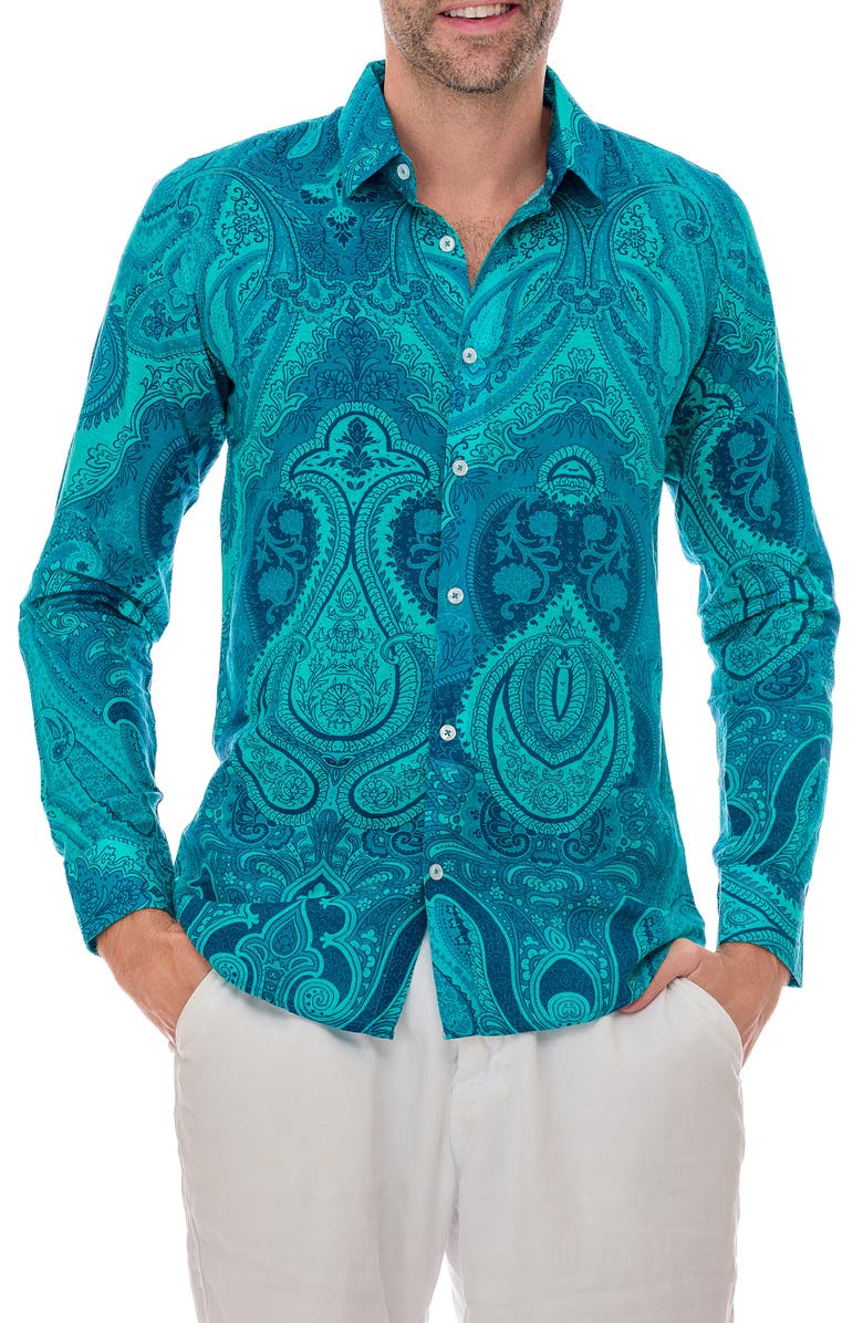 RANEES Paisley Linen Blend Button-Up Shirt, Main, color, Teal