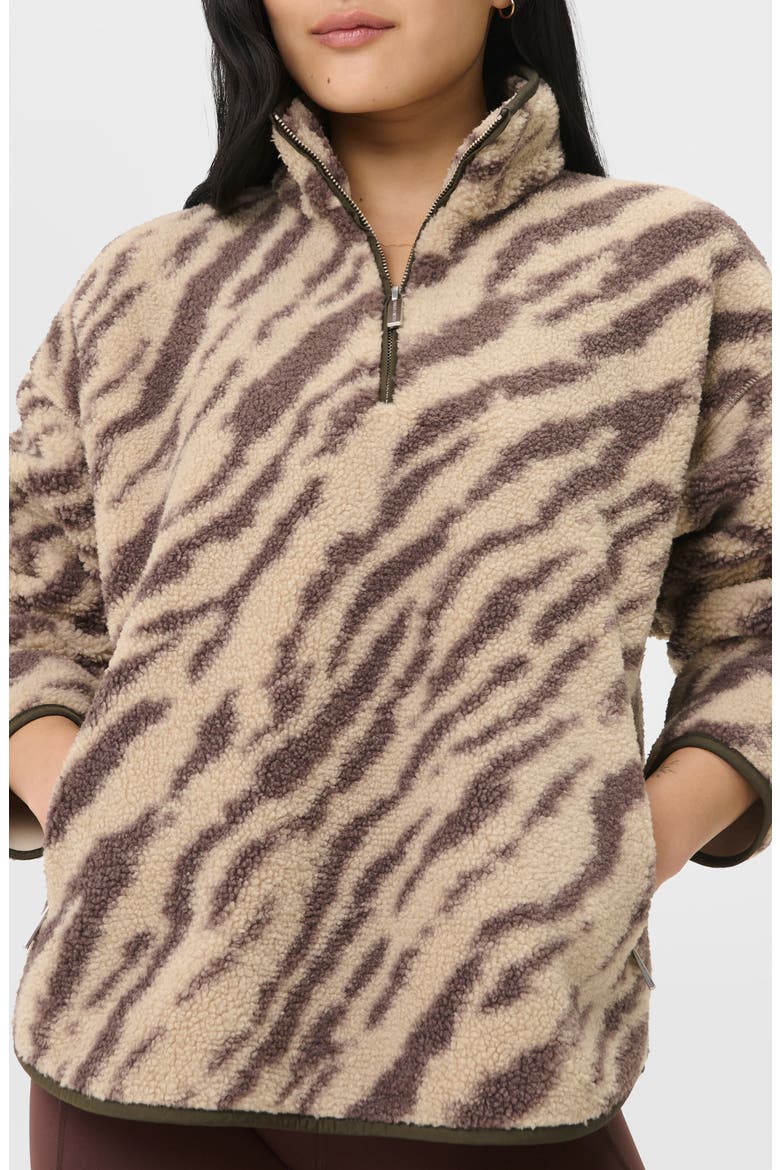 New Plush Fleece Half Zip Jacket, Main, color, BEIGE LINEAR TEXTURE PRINT