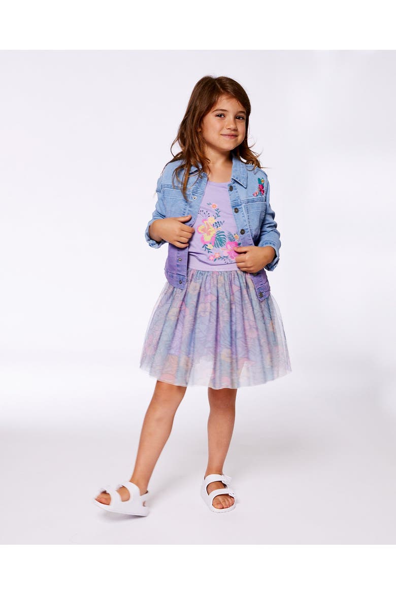 Little Girl's Printed Mesh Skirt Lilac Tropical And Pink Flamingos, Alternate, color, Lilac And Pink Flamingos
