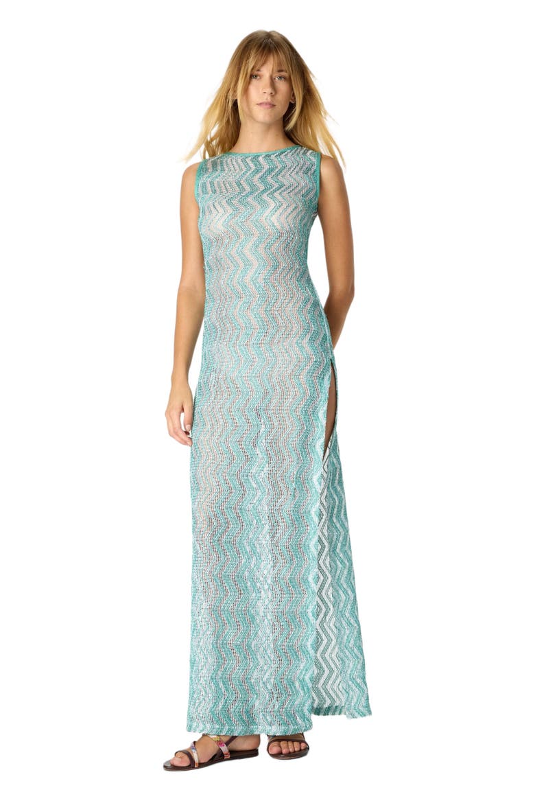 Long Mesh Cover-up Dress With Zigzag Pattern, Sequins, And Cut-out Detail, Main, color, Light Blue