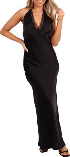 Kalina Lace Trim Halter Satin Maxi Dress