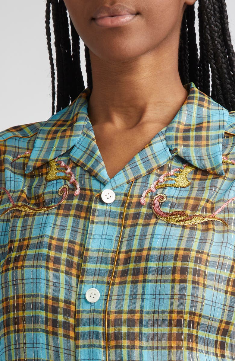 Undercover Metallic Stripe Plaid Silk Blend Camp Shirt, Alternate, color, Blue Check