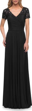 La Femme Jersey Long Evening Dress with Short Lace Sleeves