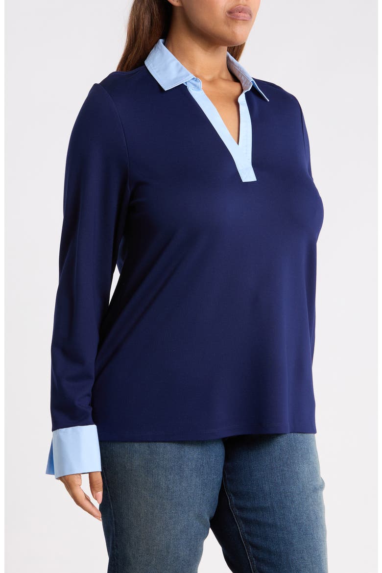 Contrast V-Neck Long Sleeve Top, Alternate, color, PACIFIC NAVY/ MORNING BLUE