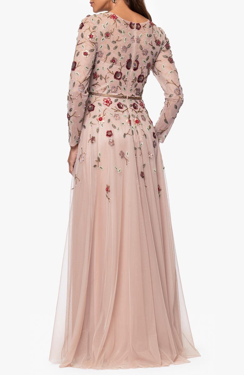 Xscape Evenings Beaded Long Sleeve Chiffon Gown, Alternate, color, Nude/ Multi