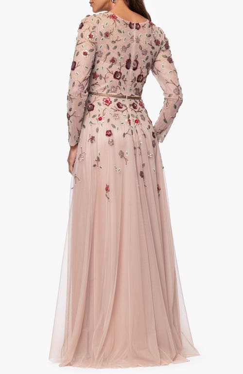 Xscape Evenings Beaded Long Sleeve Chiffon Gown In Pink