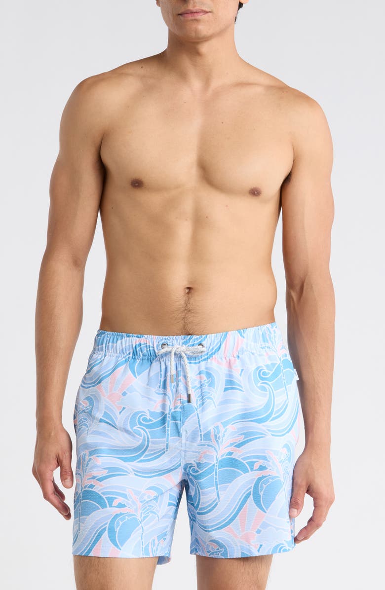 Vintage Summer Seersucker Print 4-Way Stretch Volley Swim Trunks, Main, color, Blue