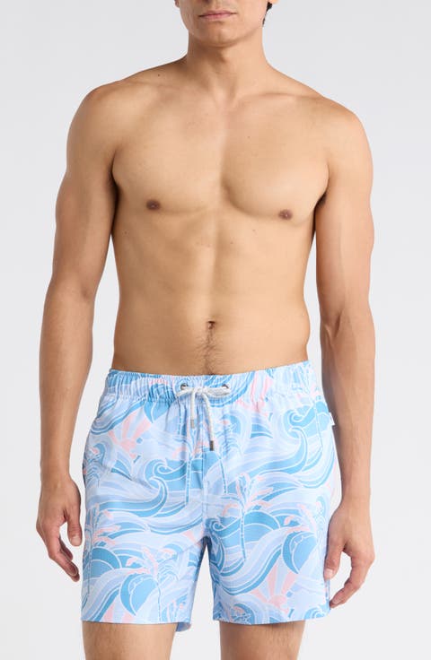 Seersucker Print 4-Way Stretch Volley Swim Trunks