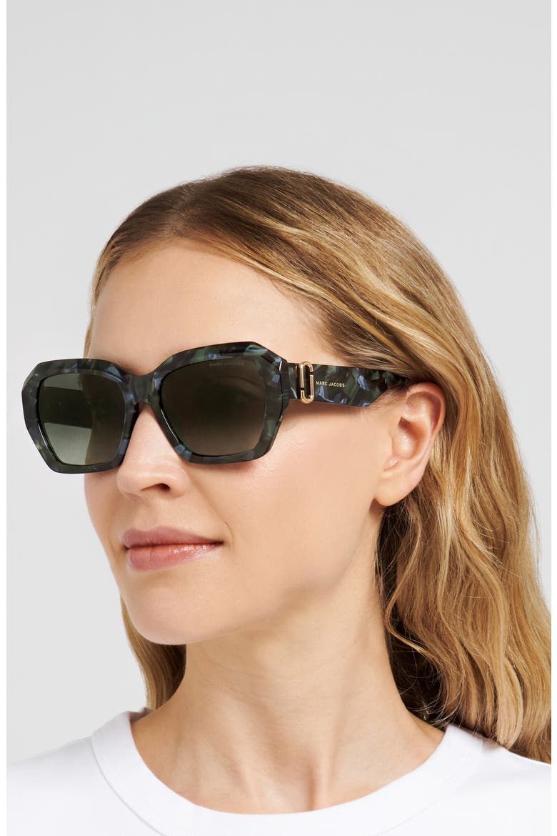55mm Square Geomatric Sunglasses, Alternate, color, HAVANA GREEN/ GREEN SHADED