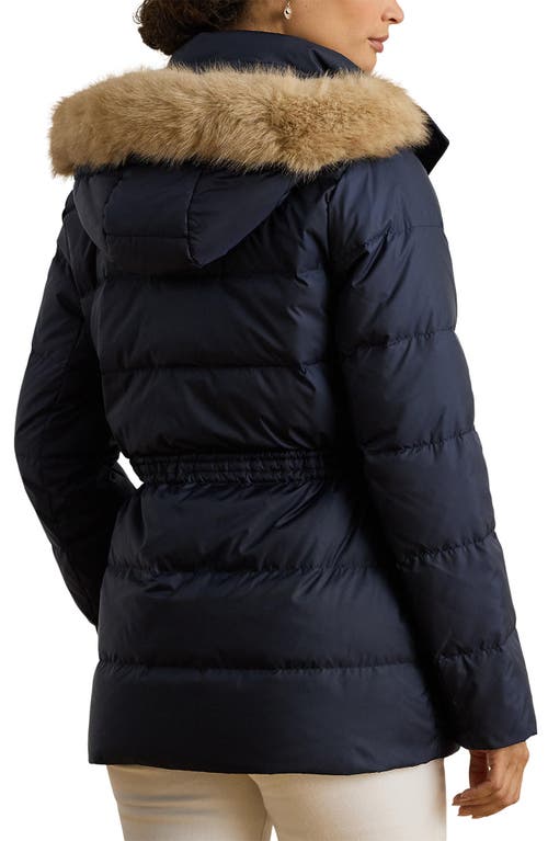 Ralph Lauren Lauren  Faux Fur Trim Down & Feather Fill Puffer Coat In Blue