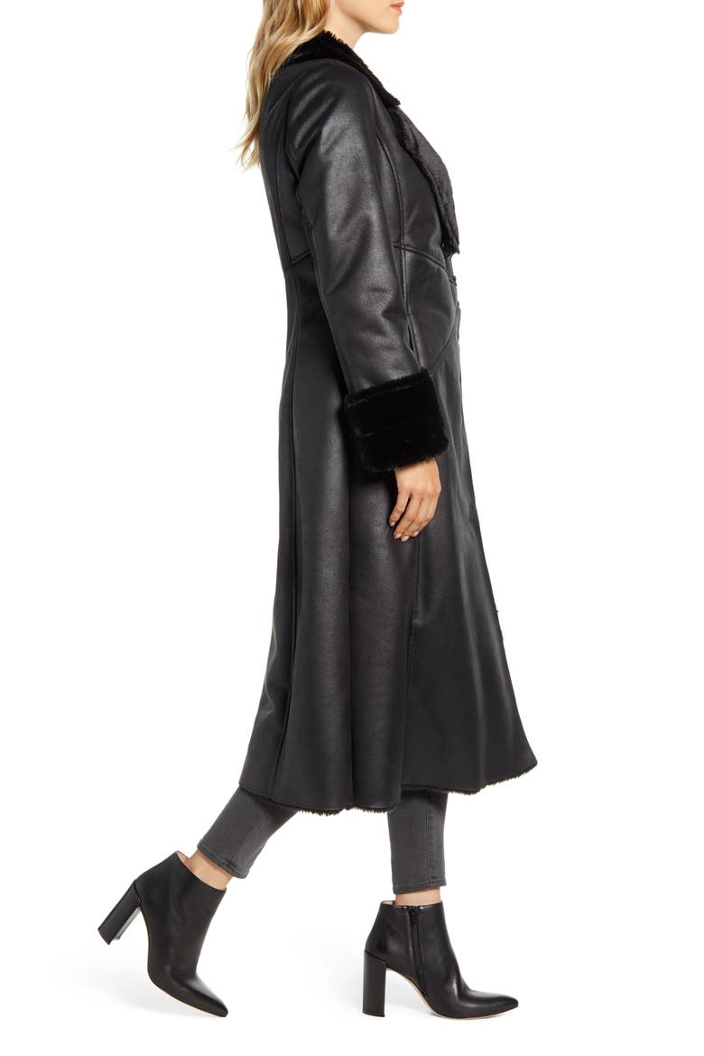 Faux Leather Coat with Faux Shearling Trim, Alternate, color, BLACK