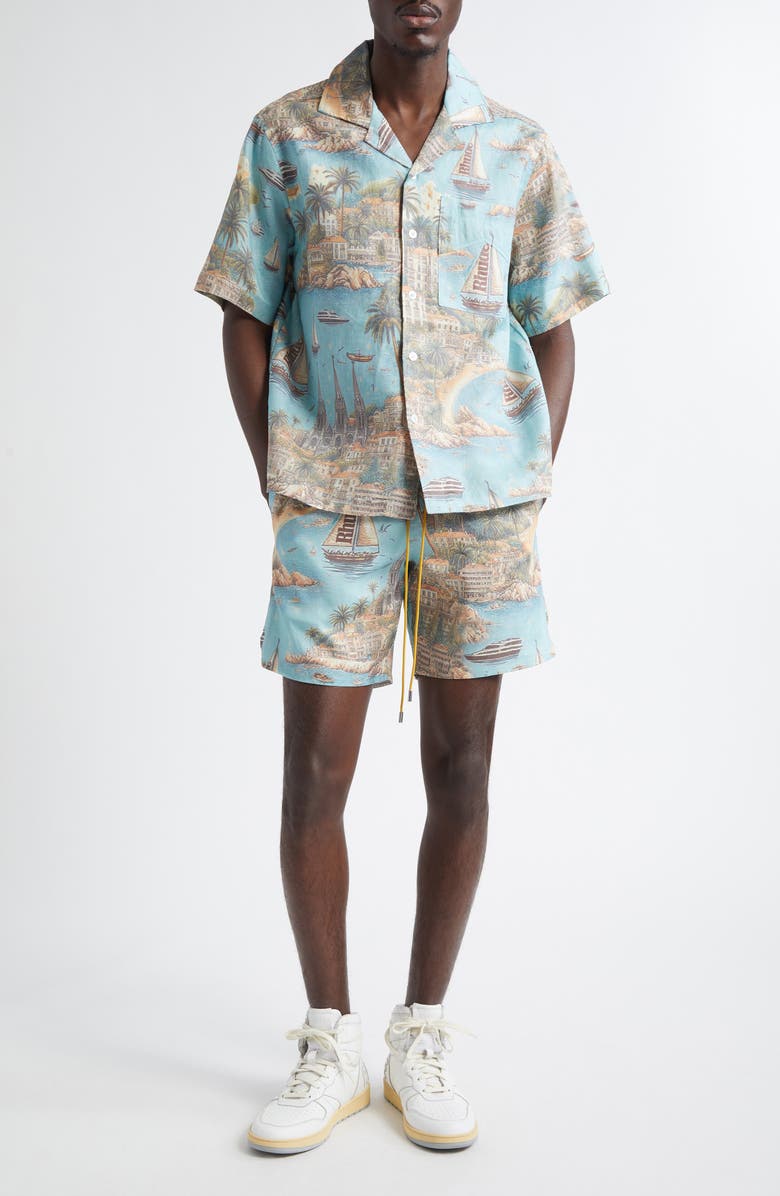 Rhude Sailing Map Short Sleeve Linen Button-Up Shirt, Alternate, color, 