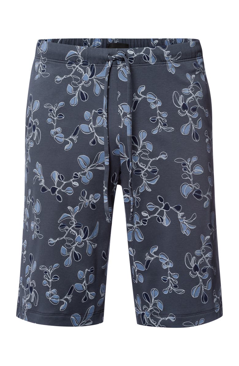 Hanro Night And Day Drawstring Cotton Shorts, Main, color, Aqua Ink Leaves
