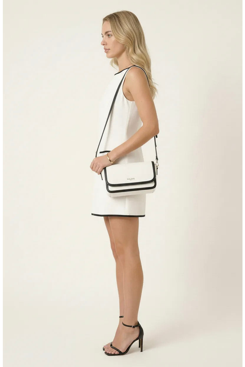 Sleeveless A-Line Mini Dress with Contrast Trim and Faux Pockets, Alternate, color, Off-white / Black