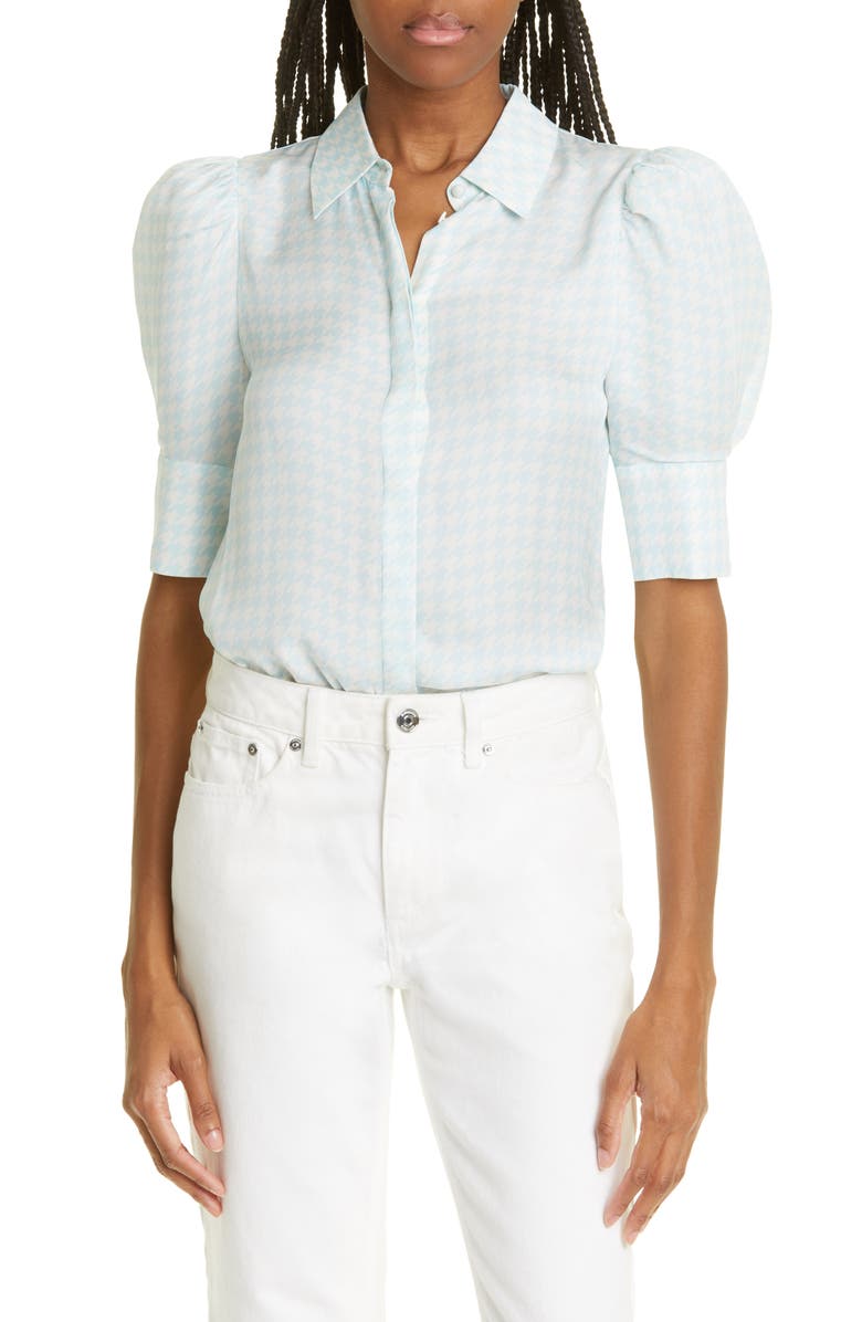 Alice + Olivia Willa Puff Sleeve Silk Button-Up Shirt, Main, color, 