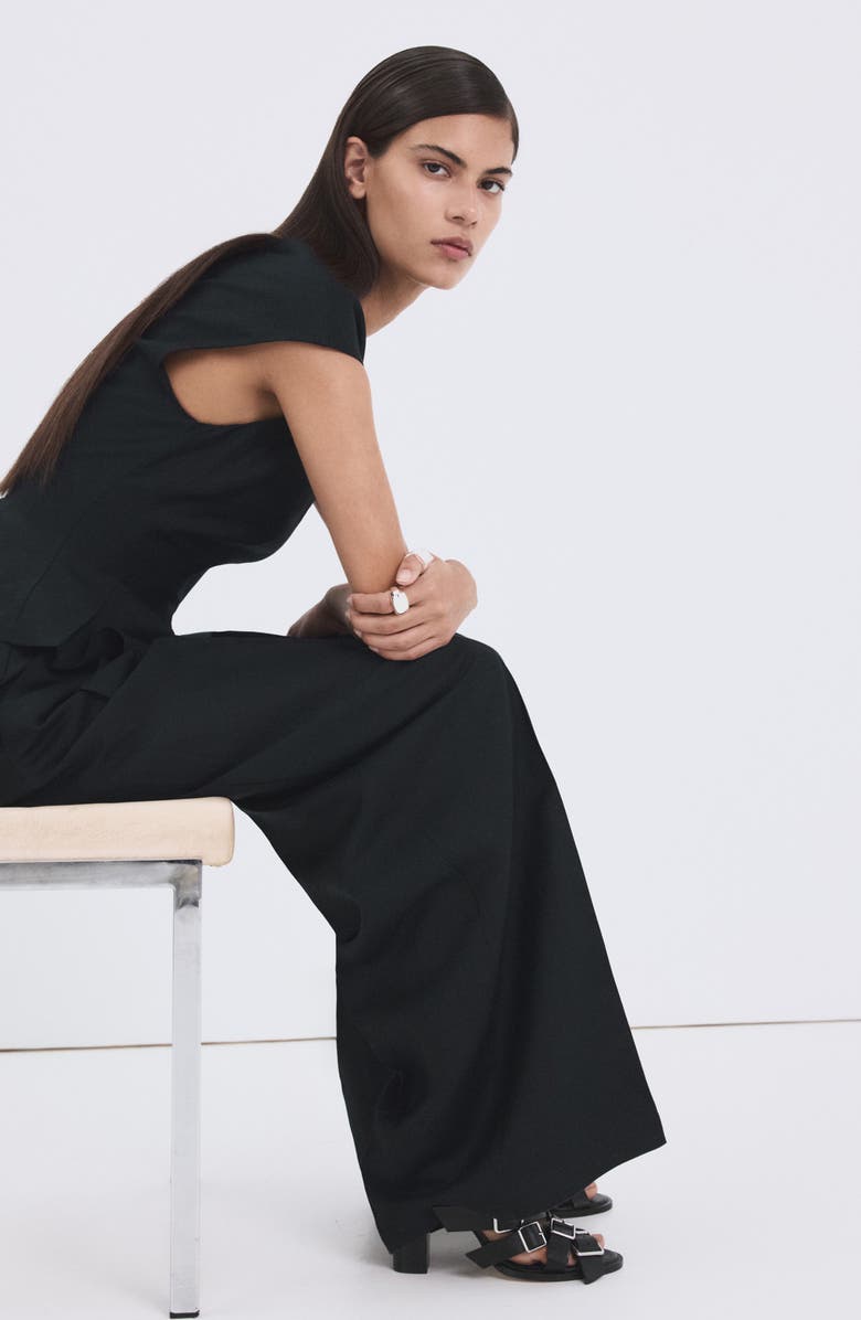 MANGO Pleated Peplum Linen Blend Top, Alternate, color, Navy