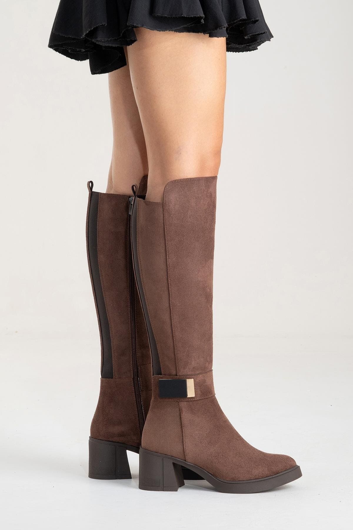 Moreni Stretch Buckle Block Heel Knee High Boot, Alternate, color, Brown Suede Faux Leather