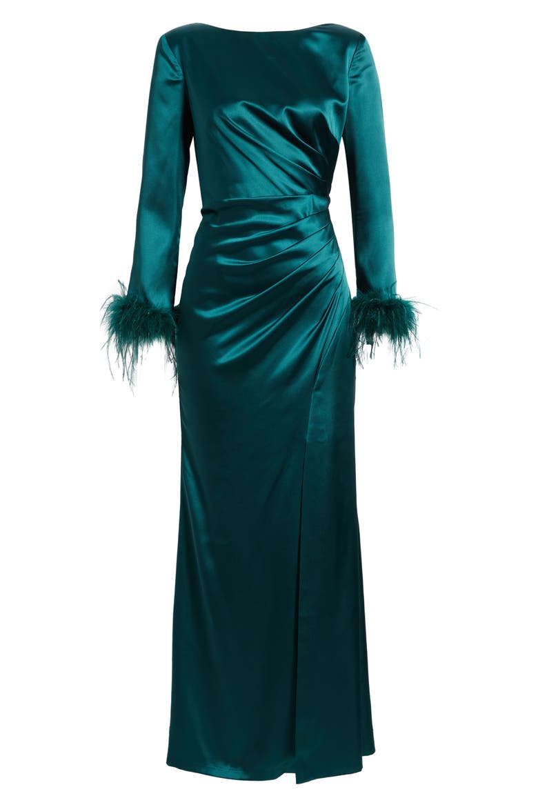 Feather Cuff Long Sleeve Gown, Alternate, color, HUN