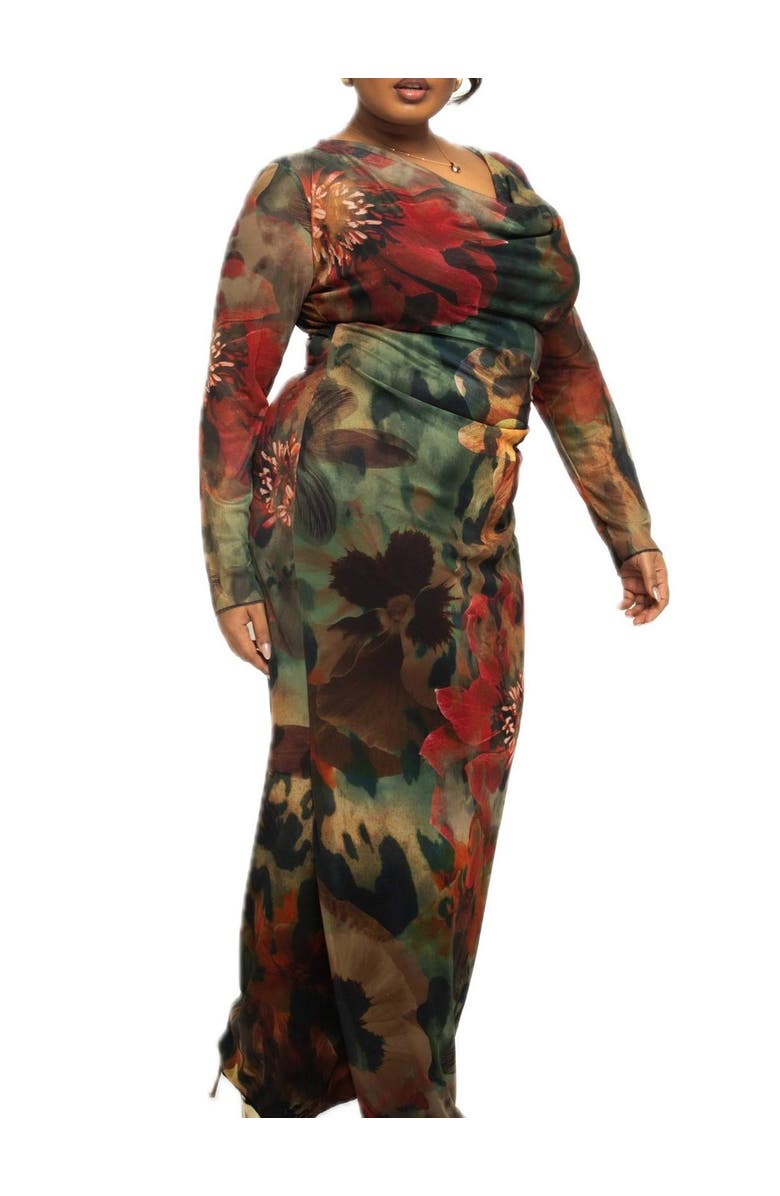 FASHION-SZN CURVE Plus Size Floral Print Mesh Maxi Dress, Alternate, color, Khaki