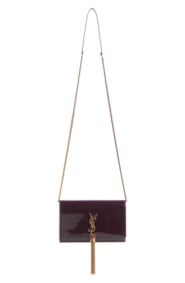 Saint Laurent Cassandre Kate Tassel Leather Wallet on a Chain, Alternate, color, Dark Red Wine