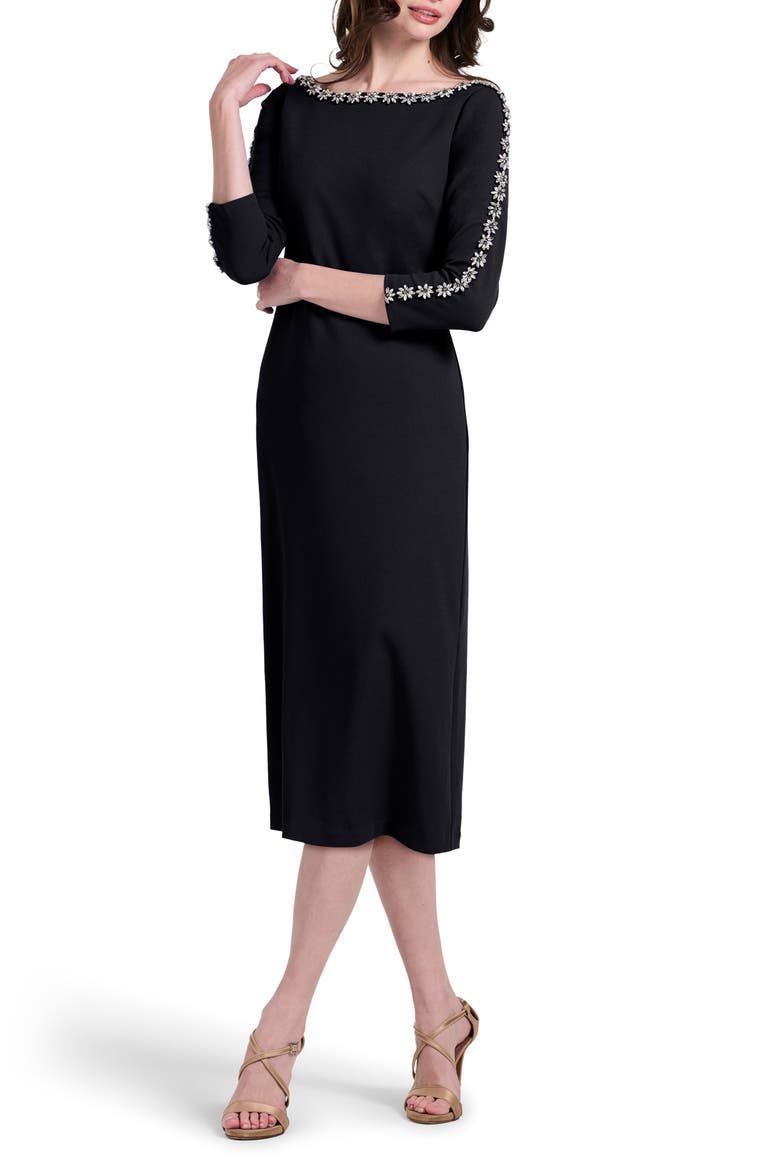 Crystal Floral Detail Stretch Crepe Cocktail Dress, Main, color, BLACK