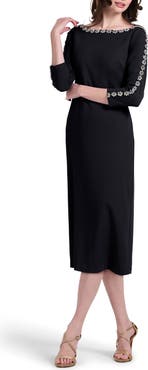 EMILY SHALANT Crystal Floral Detail Stretch Crepe Cocktail Dress
