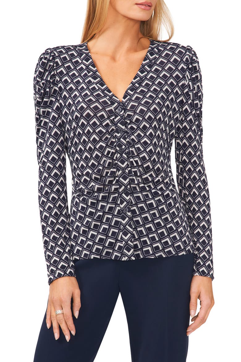 Geo Print Ruched Button-Up Shirt, Main, color, REGAL GEO NAVY