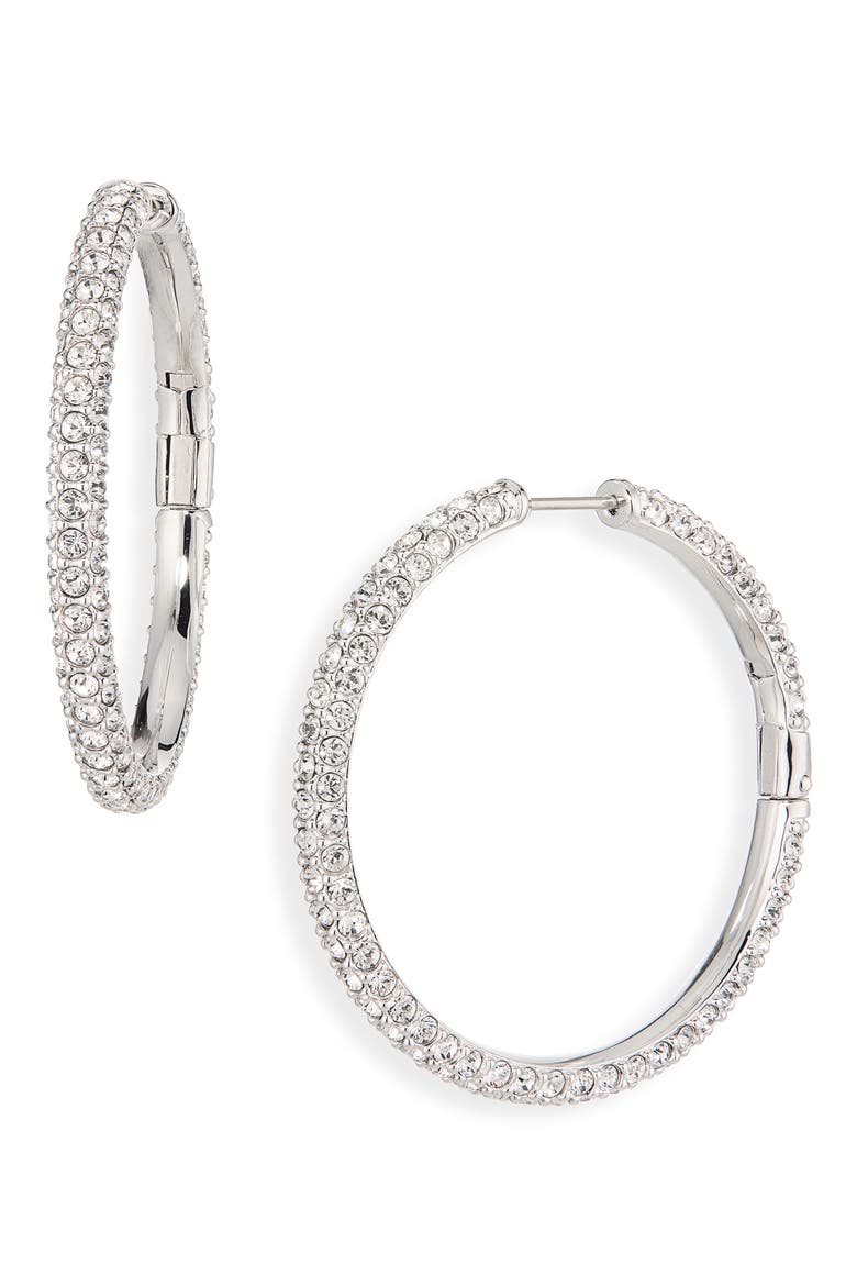 Dextera Pavé Crystal Hoop Earrings, Main, color, WHITE/ RHODIUM