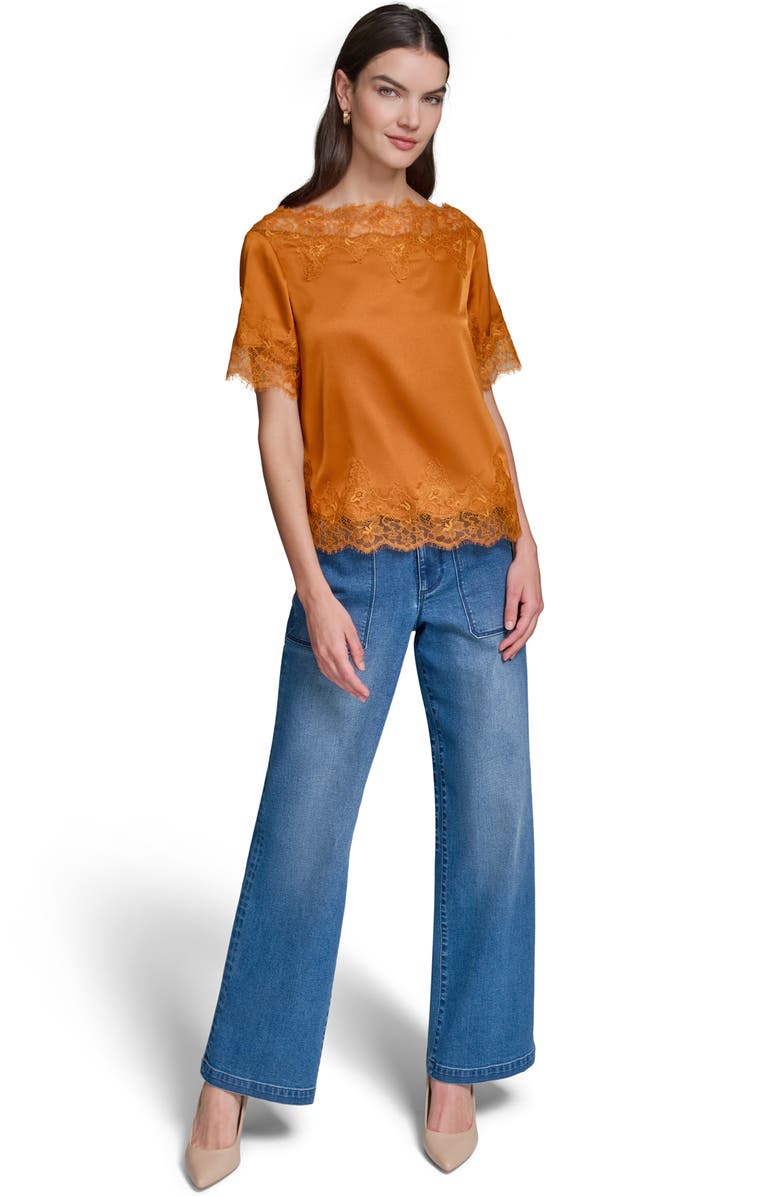 KARL LAGERFELD PARIS Lace Detail Satin Top, Alternate, color,