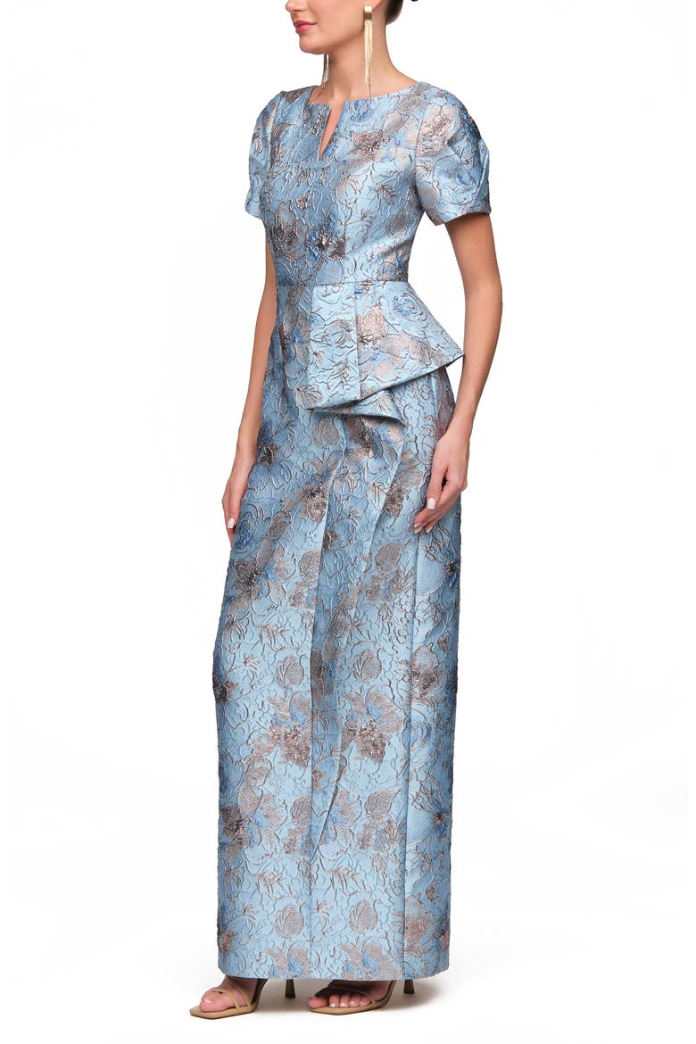 Daria Floral Puff Sleeve Column Gown, Alternate, color, BLUE GOLD