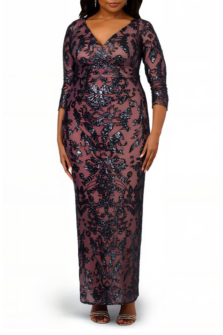 Beaded Back Slit Gown, Main, color, NAVY/ ROSEGOLD