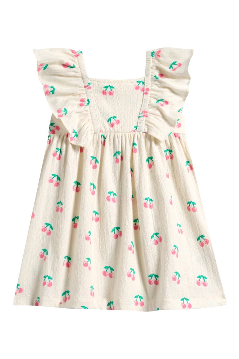 Cherry Print Ruffle Crinkled Jersey Dress, Main, color, OFF WHITE