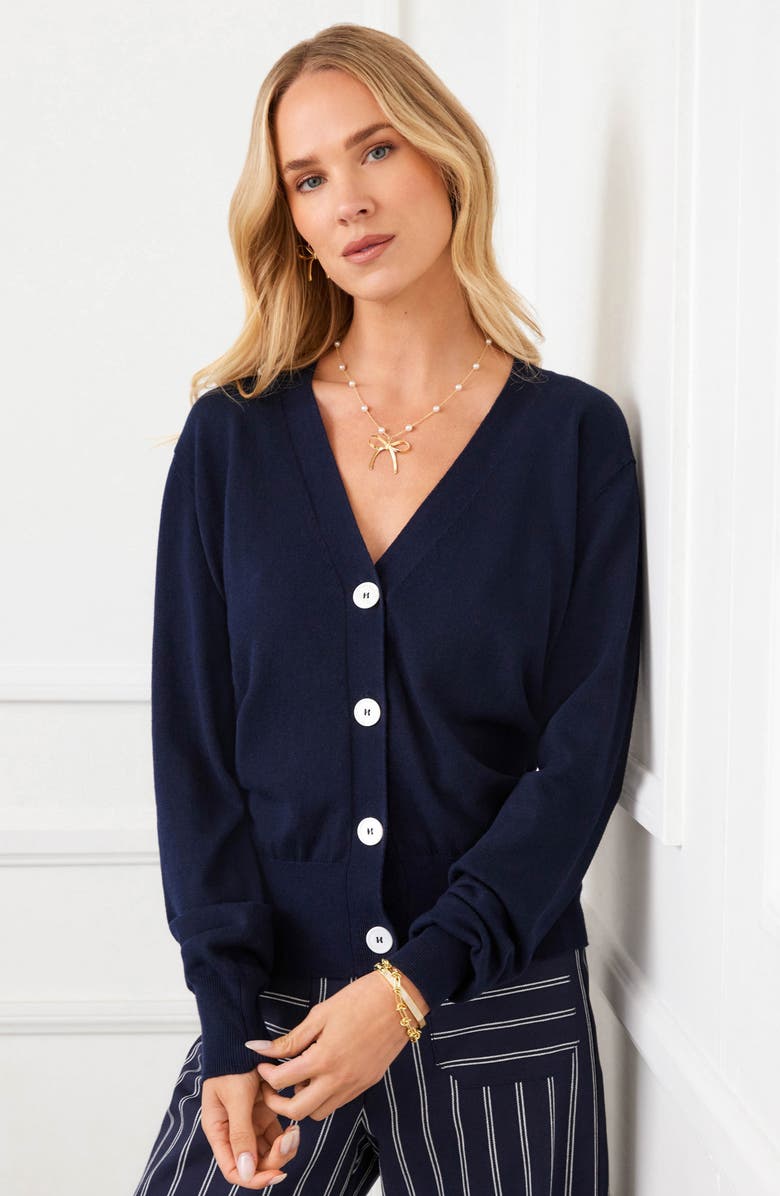 Karen Kane V-Neck Cardigan Sweater, Alternate, color, Navy