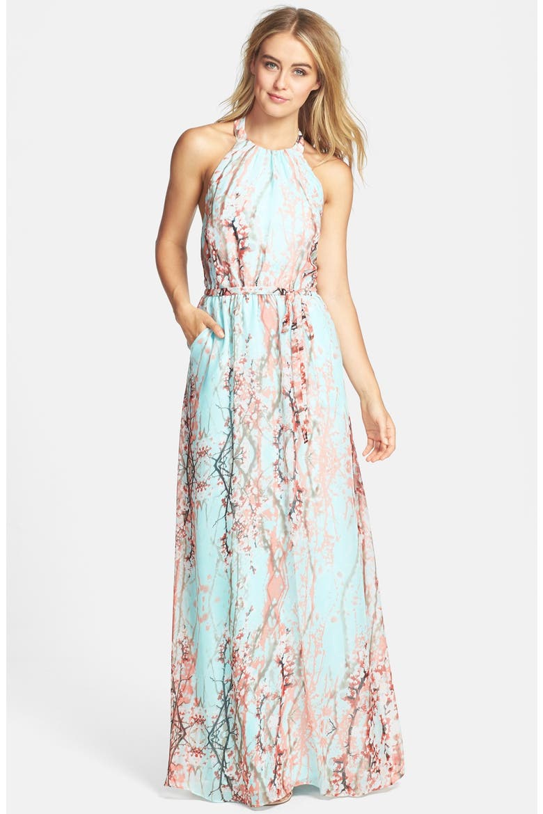 Print Chiffon Halter Maxi Dress, Main, color, CHERRY BLOSSOM SUPER PINK