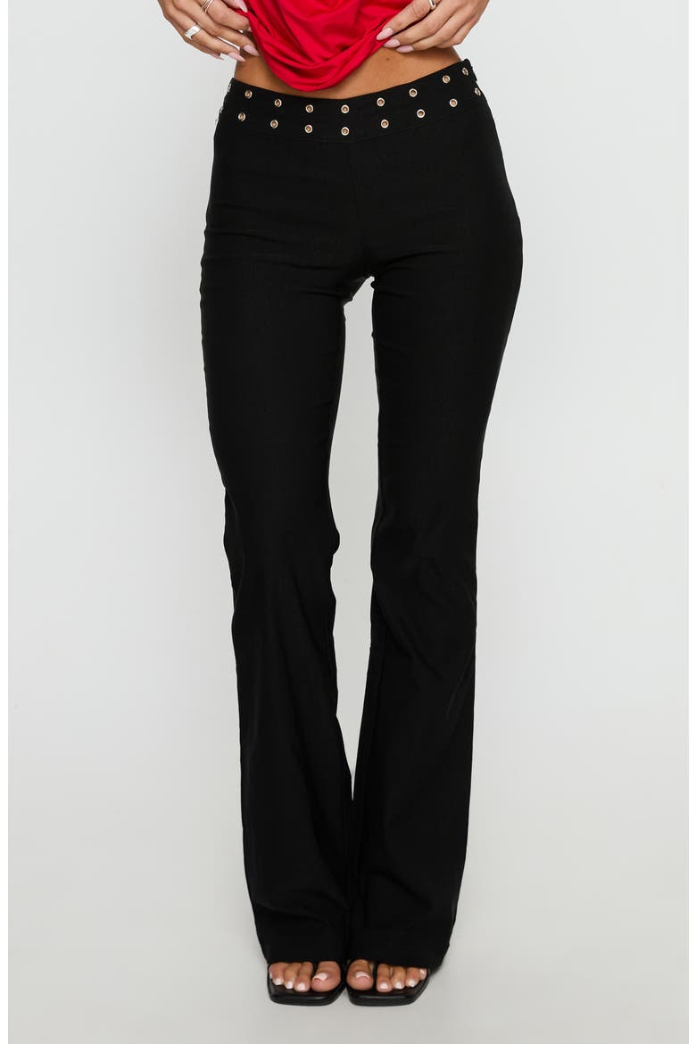 Yevina Grommet Waist Low Rise Flare Pants, Main, color, BLACK