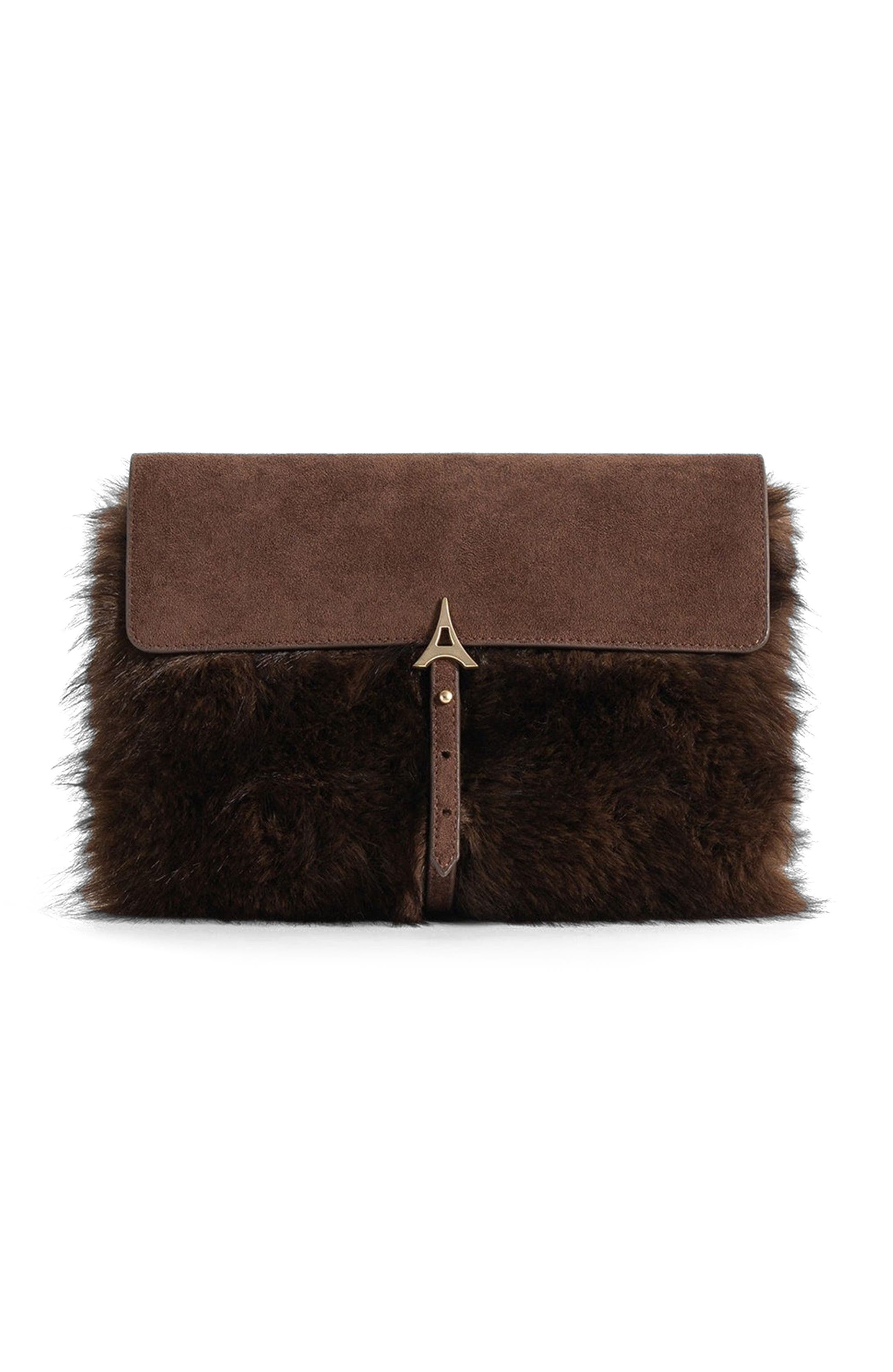 Aliya Fur & Suede Clutch Bag, Alternate, color, Brown