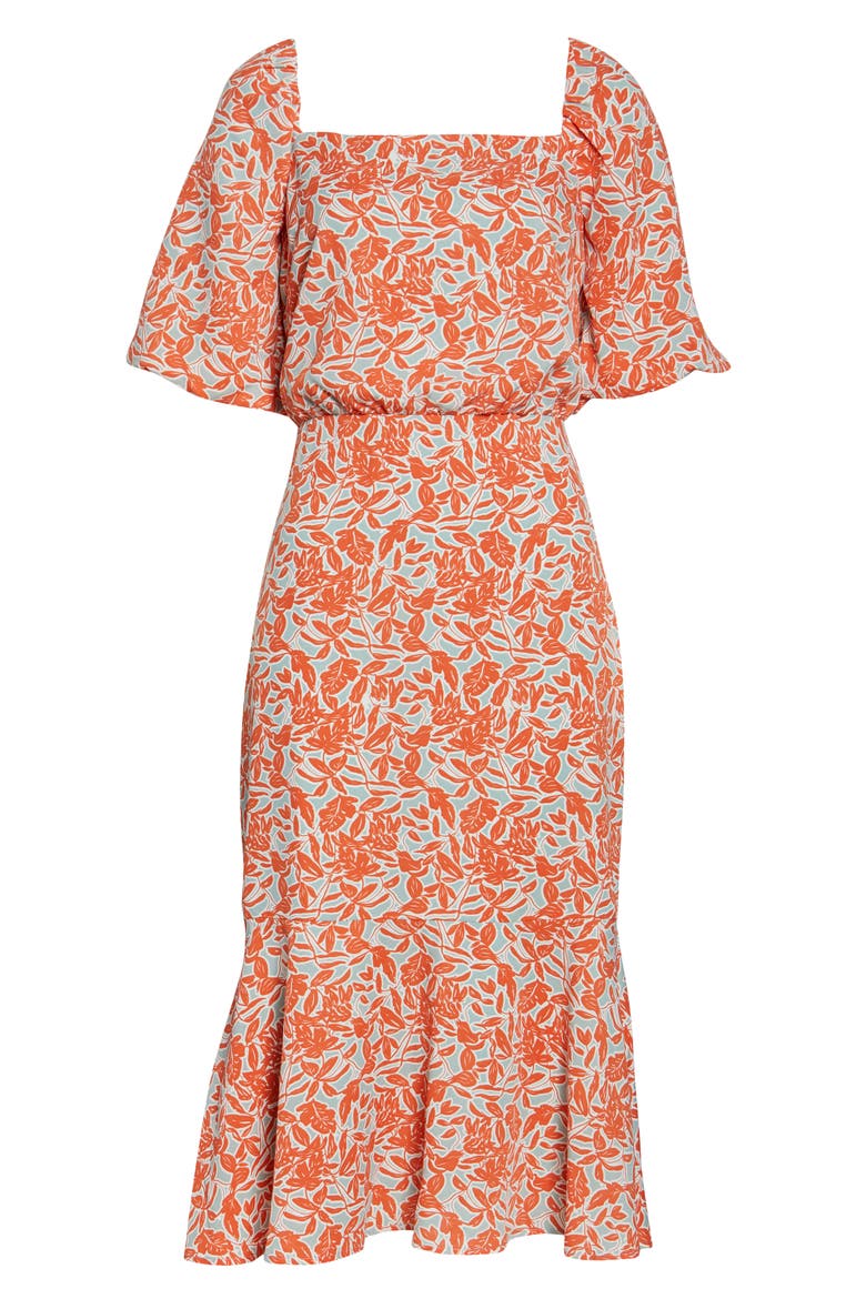 Floral Print Blouson Midi Dress, Alternate, color, ORANGE- BLUE FLORAL PRINT