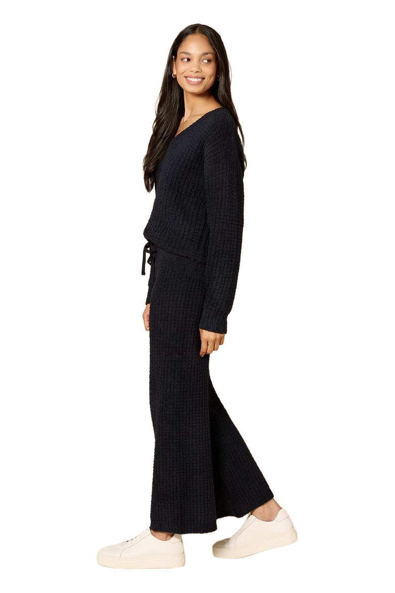 Waffle Marshmallow V-Neck Lounge Set, Alternate, color, Black