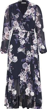 City Chic Jane Floral Print Long Sleeve Faux Wrap Maxi Dress