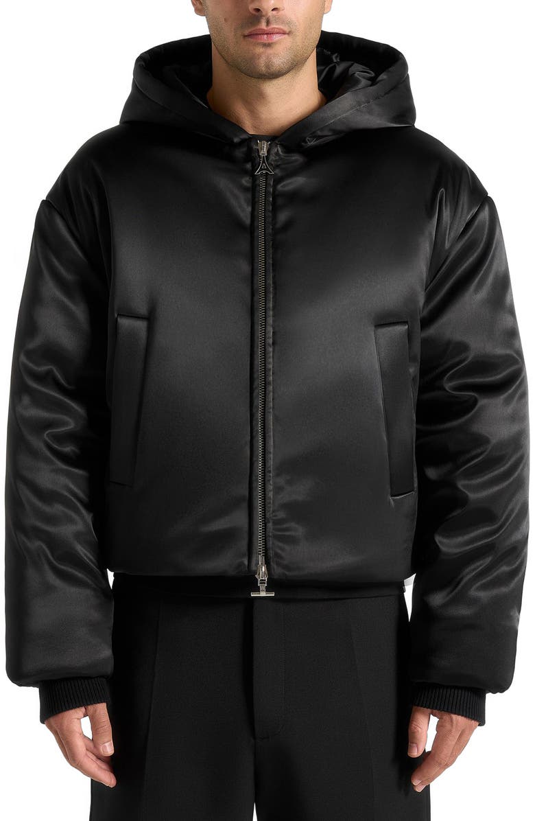 Manière De Voir Dario Satin Cropped Hooded Jacket, Alternate, color, Black