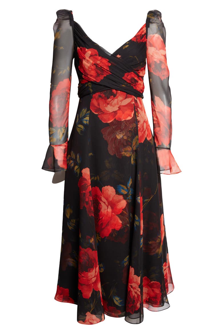 Rose Print Long Sleeve Cross Front Silk Chiffon Midi Dress, Alternate, color, BLACK MULTI