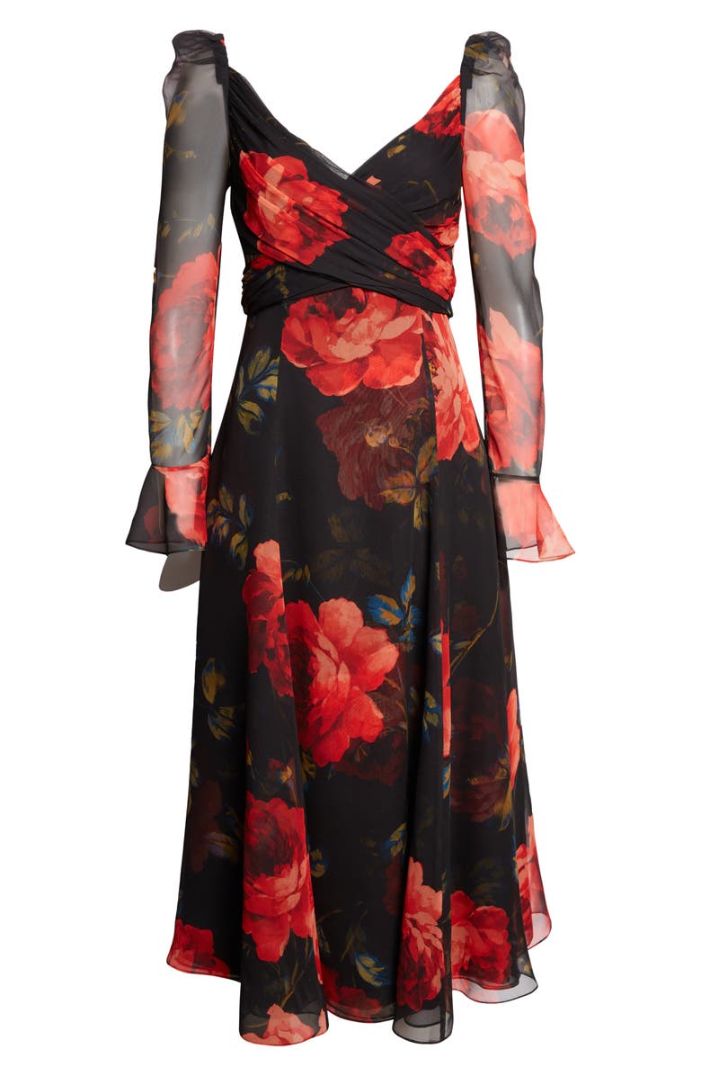 Carolina Herrera Rose Print Long Sleeve Cross Front Silk Chiffon Midi Dress, Main, color, Black Multi