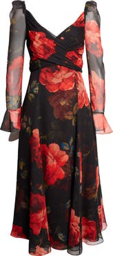 Carolina Herrera Rose Print Long Sleeve Cross Front Silk Chiffon Midi Dress